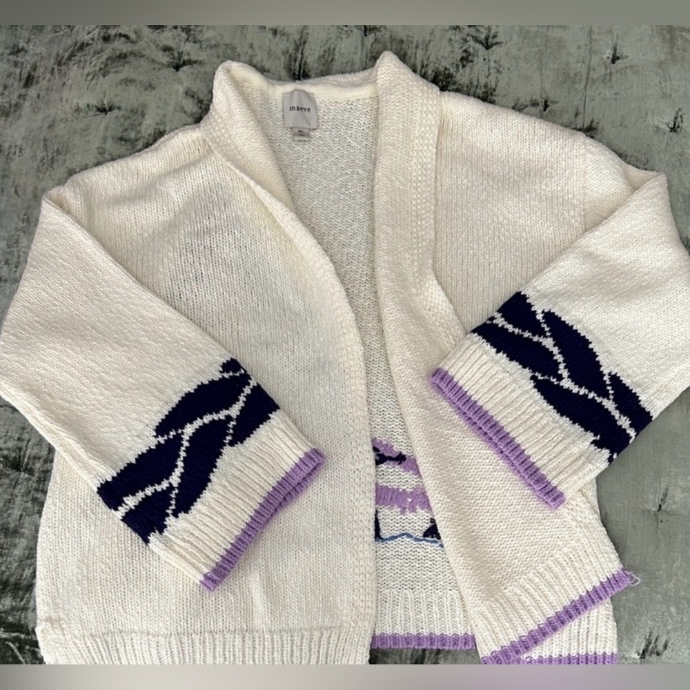 Anthropologie Maeve Cream Sailboat Intarsia Knit Cardigan with Navy Trim - Picture 4 of 6